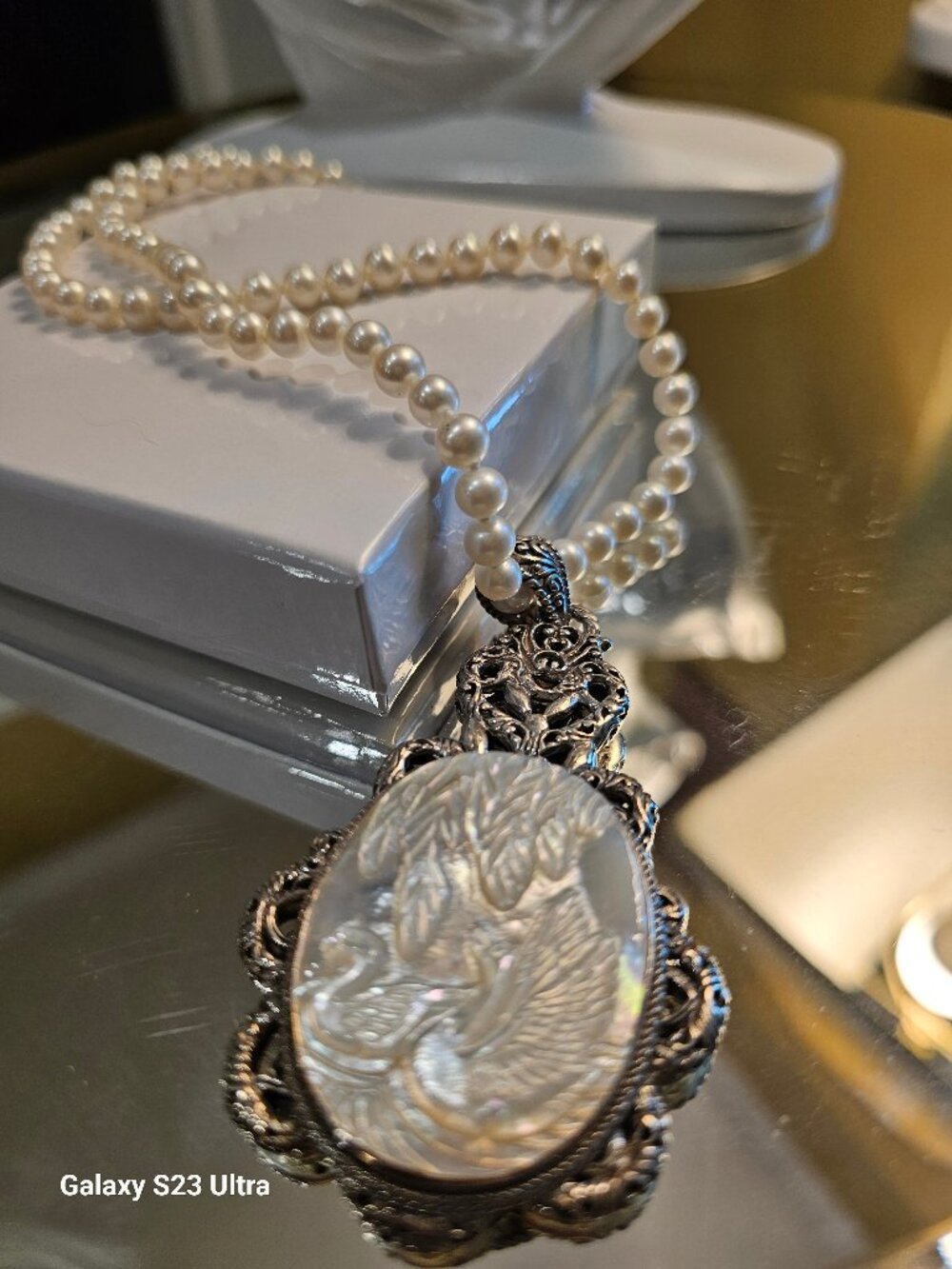 SARDA Carved Mother of Pearl Pendant, 925 with pearl necklace 18"